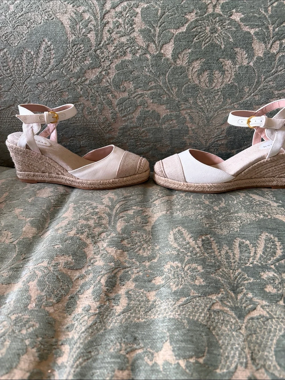 Cole Haan Cream and Tan Canvas Espadrille Wedge Sandals